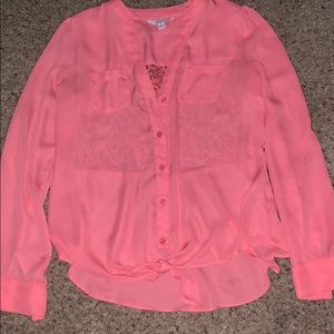 Pink Lace back Tie front long sleeved top